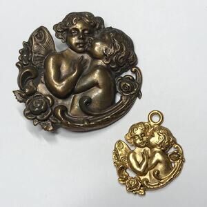 Art Nouveau Repousse Angels Cupid Pin Brooch 2.25in Necklace Pendant Set Lot